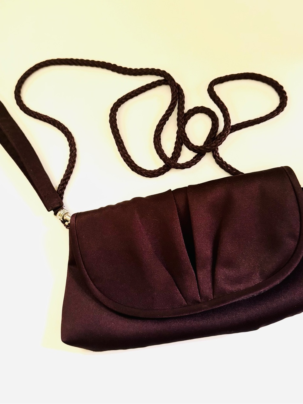 Elegant Brown Satin Clutch with removable wristlet or fabric cord strap, Clutch